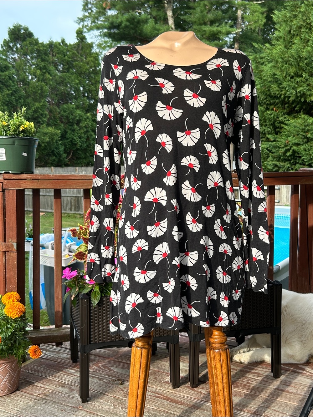 Gudrun Sjoden Modal L/ S Tunic Dress - Ginkgo Leaves - Pockets- Relaxed Midi